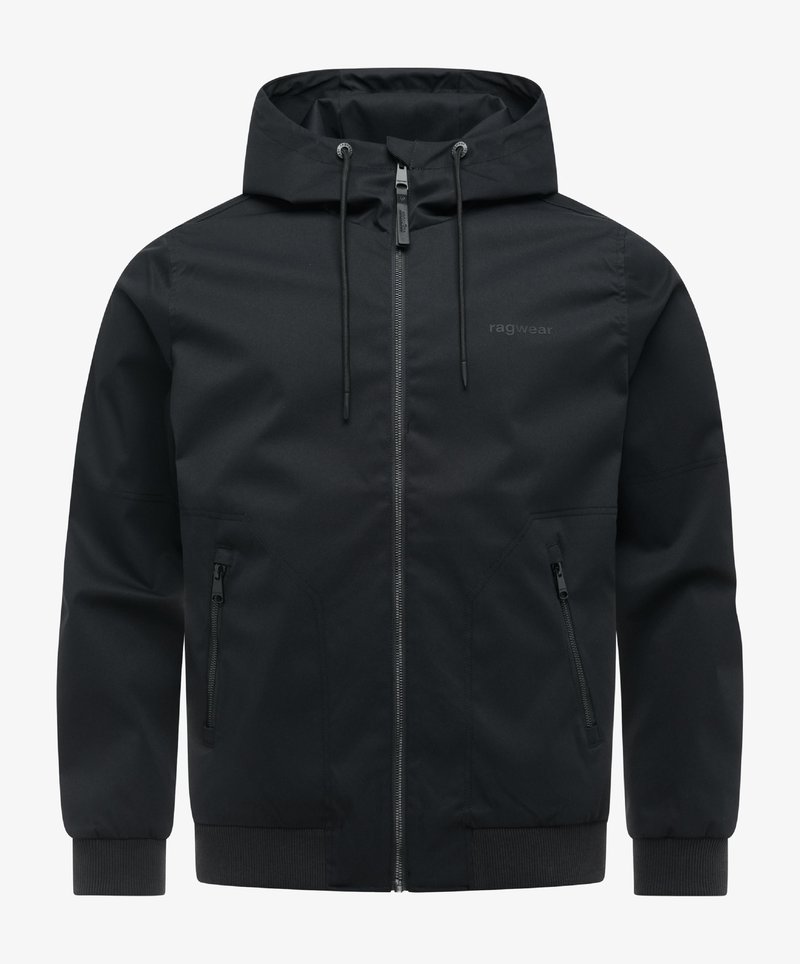 Czarna kurtka z kapturem na zamek błyskawiczny z przodu, z dwoma kieszeniami na zamek, ściągaczami przy mankietach i dole oraz regulowanymi sznurkami przy kapturze.