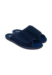 Zapatillas de casa abiertas en color azul marino, con parte superior de malla, tiras de velcro para ajustar, suave forro interior y suela de goma duradera.