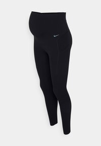 Czarne legginsy ciążowe z wysokim stanem, wykonane z elastycznego materiału, z boczną kieszenią i małym akcentem w postaci niebieskiego logo Nike.