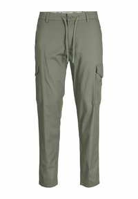Pantalones de cargo verdes hechos de una mezcla de algodón, con cintura ajustable, perneras estrechas, bolsillos laterales y textura suave.