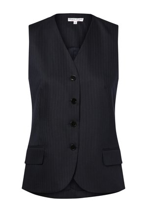 Marineblauw gestreepte mouwloze vest met een gekarteld kraag, vijf knopen en twee voorzakken. Gladde stof met een strak ontwerp.