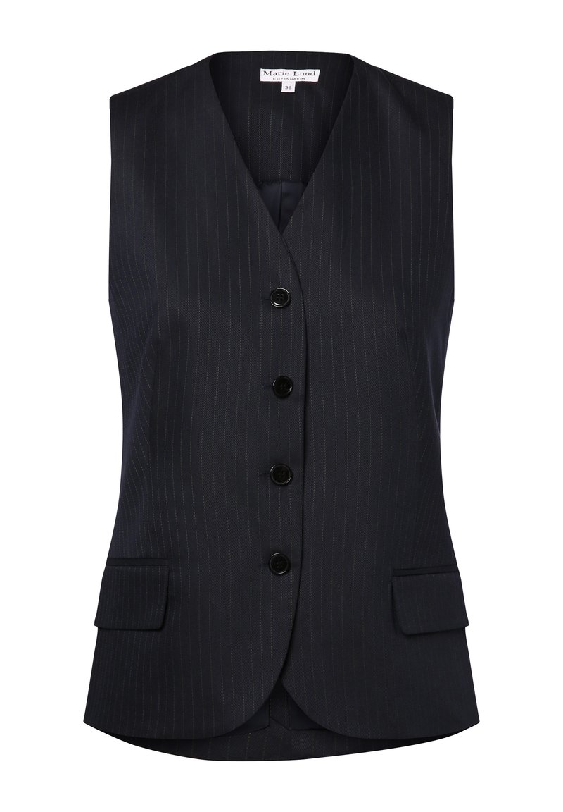Marineblauer Nadelstreifen ärmelloser Weste mit Spitzkragen, fünf Knöpfen und zwei Vordertaschen. Glattes Material mit einem eleganten Design.