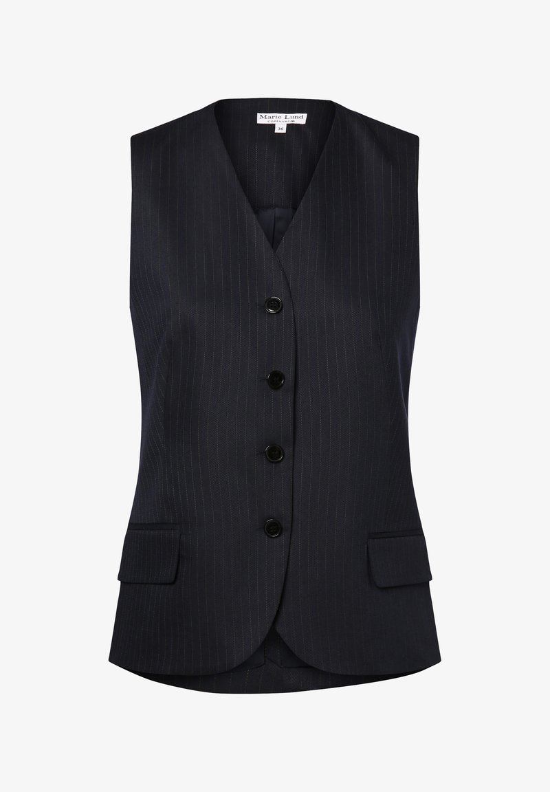 Marineblauer Nadelstreifen ärmelloser Weste mit Spitzkragen, fünf Knöpfen und zwei Vordertaschen. Glattes Material mit einem eleganten Design.