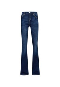 Jeans in denim blu a gamba svasata con lavaggio scuro, dotati di cinque tasche e chiusura a bottone. Il tessuto ha una consistenza liscia e una leggera elasticità.