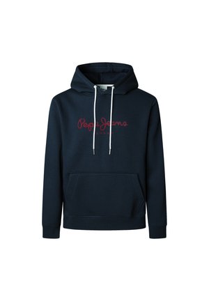 Sudadera azul oscuro de mezcla de algodón, con un bolsillo frontal tipo canguro, cordones y el logotipo bordado en rojo "Pepe Jeans London".