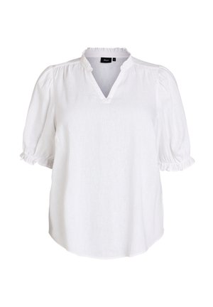 Weiße kurzärmelige Bluse mit gerafftem Kragen und Ärmelsäumen, V-Ausschnitt und leicht aufgepufften Ärmeln.