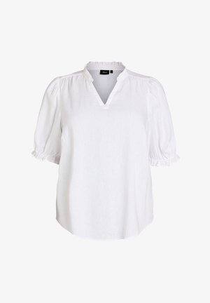 Biała bluzka z krótkim rękawem, z falbankowym kołnierzem i mankietami na rękawach, dekoltem w kształcie litery V oraz delikatnie bufkowatymi rękawami.