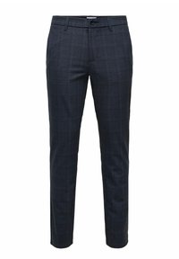 Pantalones gris oscuro con un sutil patrón de cuadros, elaborados con una tela suave. Diseño de corte ajustado con cierre de botón y presillas para cinturón.