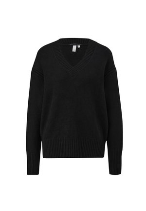 Zwarte V-hals trui met geribde manchetten en zoom, gemaakt van zachte stof, met een ontspannen pasvorm en textuurstiksel details bij de halslijn.