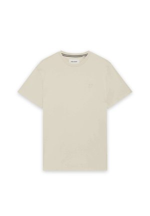 Beiges T-Shirt mit kurzen Ärmeln und Rundhalsausschnitt, kleine gestickte Logo auf der linken Brust und Markenetikett im Halsausschnitt.