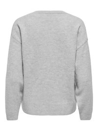 Pull en maille gris clair à manches longues avec poignets et bas côtelés, vu de dos sur fond blanc.