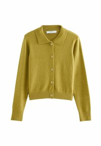 Cardigan boutonné vert olive clair avec manches longues, poignets et ourlet côtelés, et col plat.