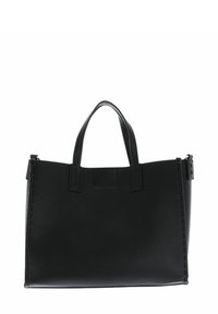 Czarna skórzana torba typu tote z ziarnistą fakturą, dwoma krótkimi uchwytami i minimalistycznym designem. Charakteryzuje się prostokątnym kształtem oraz detalami przeszyć.