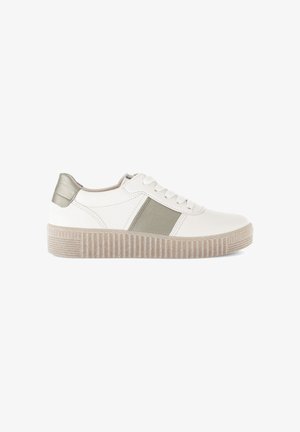 White sneaker with a silver accent on the heel and a grey side stripe. Textured, ridged sole for added grip and comfort.