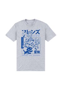 Grijs T-shirt met korte mouwen met blauwe grafische print van cartoonpersonages die bezig zijn met activiteiten, met Japanse tekst en datum "1995".