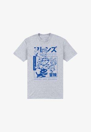 Graues T-Shirt mit kurzen Ärmeln, das einen blauen Grafikdruck von Cartoonfiguren zeigt, die verschiedenen Aktivitäten nachgehen, mit japanischem Text und der Jahreszahl "1995".