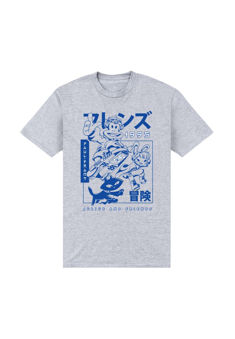 Grijs T-shirt met korte mouwen met blauwe grafische print van cartoonpersonages die bezig zijn met activiteiten, met Japanse tekst en datum "1995".