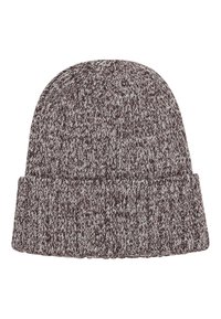 Berretto lavorato a maglia in marrone e crema, caratterizzato da una texture a coste e un risvolto. Realizzato con una miscela di fibre calde per il massimo comfort.