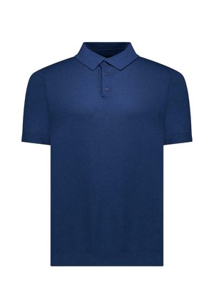 Marineblauw poloshirt met korte mouwen, drie knopen en een klassieke kraag, plat gelegd op een witte achtergrond.