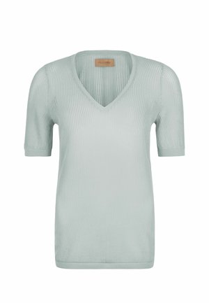 Pull court à manches courtes en maille côtelée vert clair avec col en V et petite étiquette en cuir de la marque à l'intérieur du col au dos.