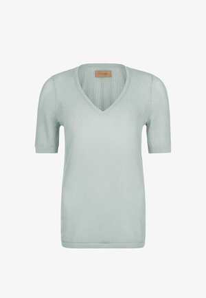 Pull court à manches courtes en maille côtelée vert clair avec col en V et petite étiquette en cuir de la marque à l'intérieur du col au dos.