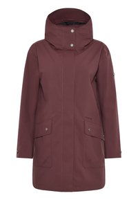 Bordeaux waterdichte jas met hoge kraag, zilveren drukknoopsluitingen en twee voorzakken. Glad textuur en recht design met minimale accenten.