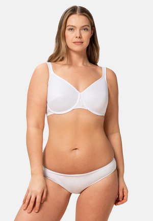Witte beha met gladde stof, beugelondersteuning en verstelbare bandjes. Gecombineerd met witte bikini slip, beide in een eenvoudig ontwerp.