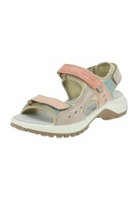 Verstelbare sandaal met een mix van roze, beige en teal suède materialen, open teen ontwerp, cushioning en een gestructureerde rubberen zool.