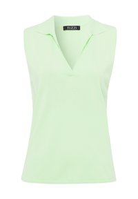 Mouwloos topje in lichtgroene stof, met een V-hals en een kraagontwerp. Gladde textuur, met een merketiket waarop "TUZZI" staat.