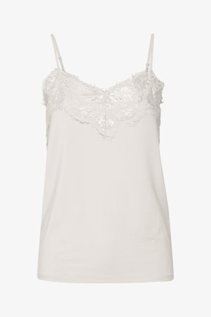 Hvid ærmeløs camisole med blonder langs halsudskæringen og justerbare tynde skulderstropper.