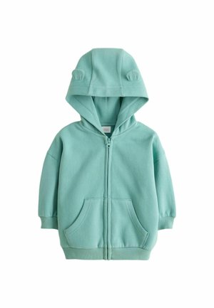 Light blue-green zip-up hoodie for children with front pockets and small fabric ears on the hood.
