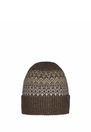 Gorro marrón de punto con puño acanalado doblado y un patrón geométrico beige con acentos azules.