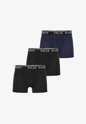 Drei Paar Boxer-Shorts: eine in marineblau, zwei in schwarz. Aus Baumwolle, mit einem breiten Bund, der mit "FELIX HARDY"-Branding versehen ist.