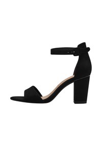 Black suede high-heeled sandal featuring an open toe, ankle strap with buckle, and a block heel. Smooth texture with minimalistic design.