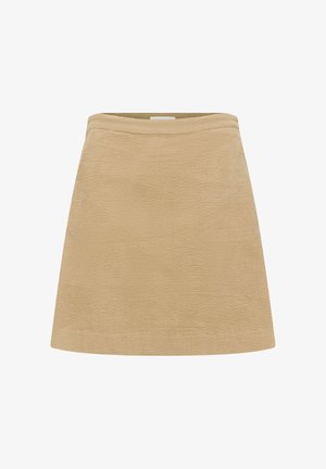 Fustă din corduroy bej cu o siluetă dreaptă, având o suprafață texturată și un talie netedă. Fără închizători vizibile sau buzunare.