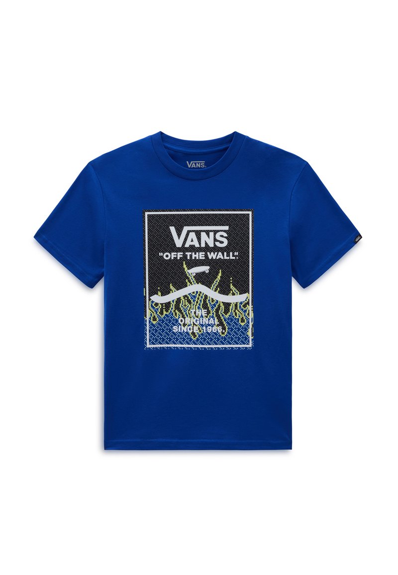 T-shirt in cotone blu con un design grafico che presenta il testo "VANS 'OFF THE WALL!'", una cornice nera e accenti di fiamma verde.