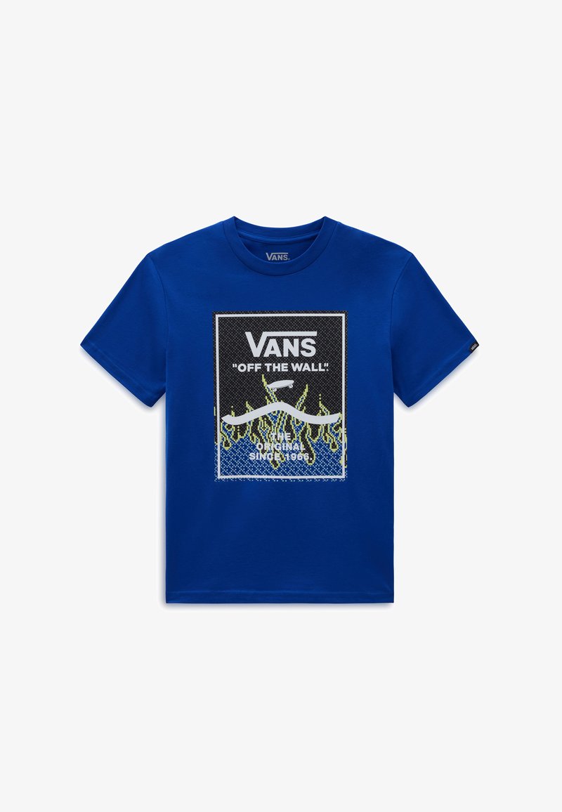 Blå bomulds t-shirt med grafisk design med teksten "VANS 'OFF THE WALL!'", sort ramme og grønne flamme-accents.