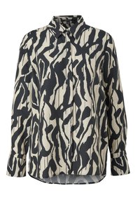 Long-sleeve blouse in cream and black with abstract pattern, button-down front, and a classic collar. Smooth fabric, relaxed fit.