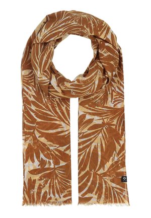 Hellbeiger Schal mit rostfarbenen tropischen Blattmustern, weichem Stoff, leicht, rechteckig mit Fransen am Rand.