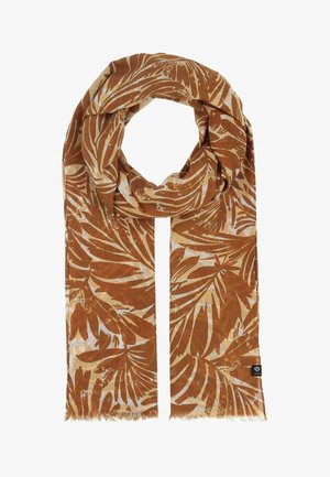 Hellbeiger Schal mit rostfarbenen tropischen Blattmustern, weichem Stoff, leicht, rechteckig mit Fransen am Rand.