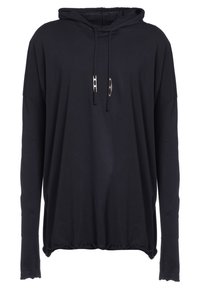 Musta pitkähihaisen hupullinen paita, jossa rento istuvuus, kiristysnauha kauluksessa ja aaltoileva helma. Pehmeä materiaali ja sileä pinta.