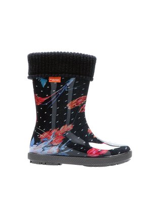 Czarne wodoodporne buty z kwiecistym wzorem w czerwieni i niebieskim, szara teksturowana podeszwa i czarna dziana cholewka dla dodatkowego ciepła.