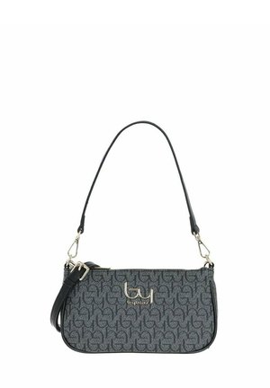 Borsa a tracolla grigia e nera con motivo a fantasia, forma curva, tracolla corta e logo con fibbia argentata sul davanti, chiusura superiore con cerniera.