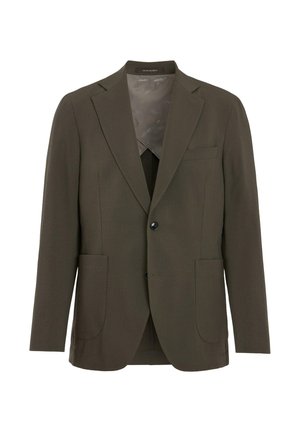 Blazer olive foncé à simple boutonnage avec des revers crantés, deux poches plaquées à l'avant et une poche poitrine, fermé par deux boutons noirs.