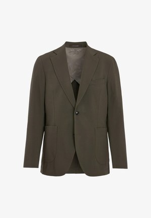 Blazer olive foncé à simple boutonnage avec des revers crantés, deux poches plaquées à l'avant et une poche poitrine, fermé par deux boutons noirs.