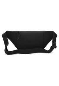 Black sling bag with a textured, mesh-like design. Features a zippered compartment and adjustable strap for secure carrying.
