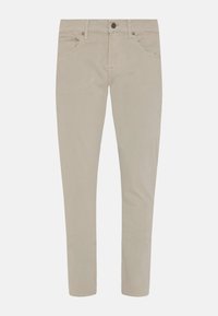 Chinos en coton beige avec une coupe slim, dotés de cinq poches, passants de ceinture et d'une fermeture éclair avec un bouton. Texture lisse et style polyvalent.