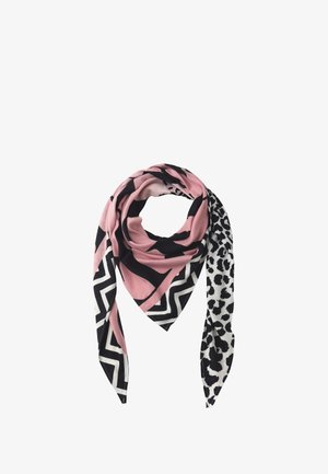 Mønstret farverig tørklæde med en kombination af pink, sort og hvid, herunder dyreprint og chevron-design; trekantet form.