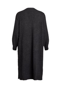 Langes, locker sitzendes Kleid aus dunkelgrauem Stoff mit einer subtilen Textur, verfügt über einen runden Ausschnitt und lange Ärmel sowie seitliche Schlitze für Bewegungsfreiheit.