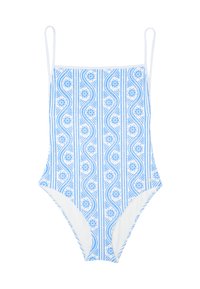 Maillot de bain une pièce avec un motif floral bleu et blanc, des fines bretelles et une ouverture de jambe haute. Fabriqué en tissu lisse et extensible.